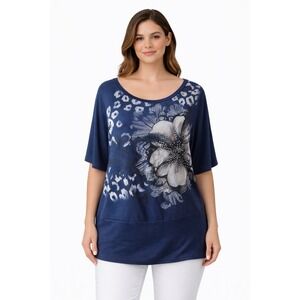 Agenda Blouse Top Large Blue Beaded Floral Cheetah‎ Print Whimsy Artsy Bohemian